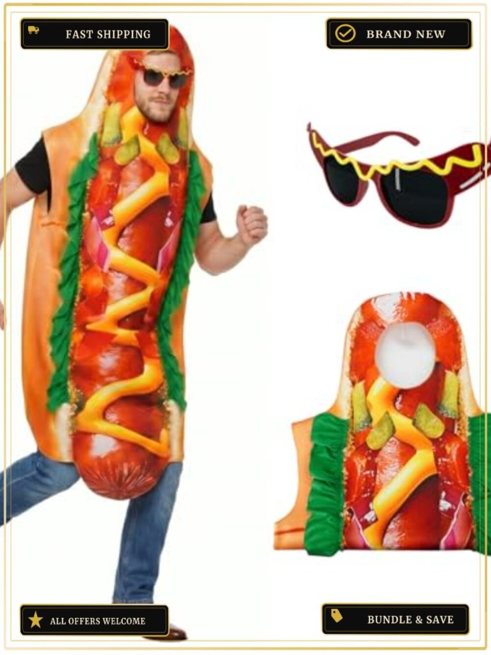 Adult Hot Dog Costume Funny Food Jumpsuit Sausage Glasses Halloween Cosplay